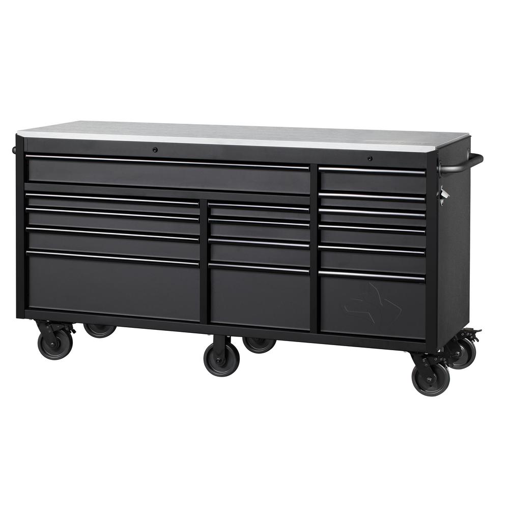 Heavy-Duty 72 in. W 15-Drawer, Deep Tool Chest Mobile Workbench in Matte Black with Stainless Steel Top and Dual Locks