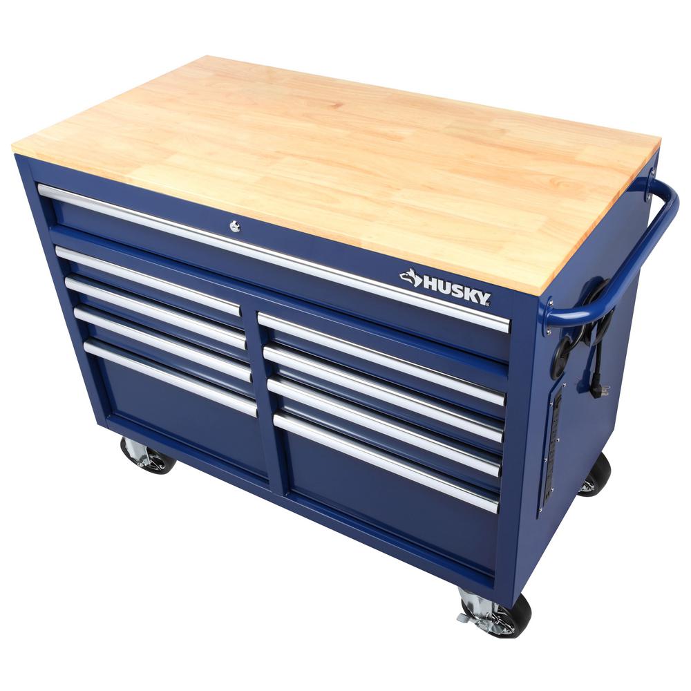 46 in. W 9-Drawer, Deep Tool Chest Mobile Workbench in Gloss Blue with Hardwood Top