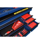 72 in. 18-Drawer Mobile Workbench with Adjustable-Height Solid Wood Top in Matte Blue