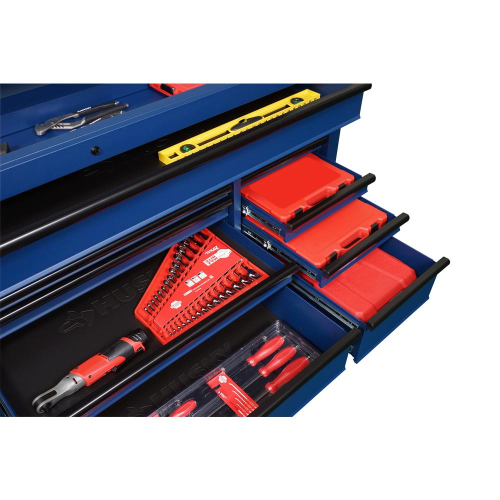 72 in. 18-Drawer Mobile Workbench with Adjustable-Height Solid Wood Top in Matte Blue