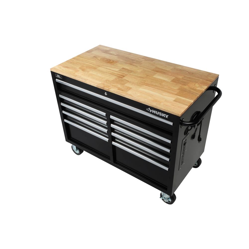 46 in. W 9-Drawer, Deep Tool Chest Mobile Workbench in Gloss Black with Hardwood Top