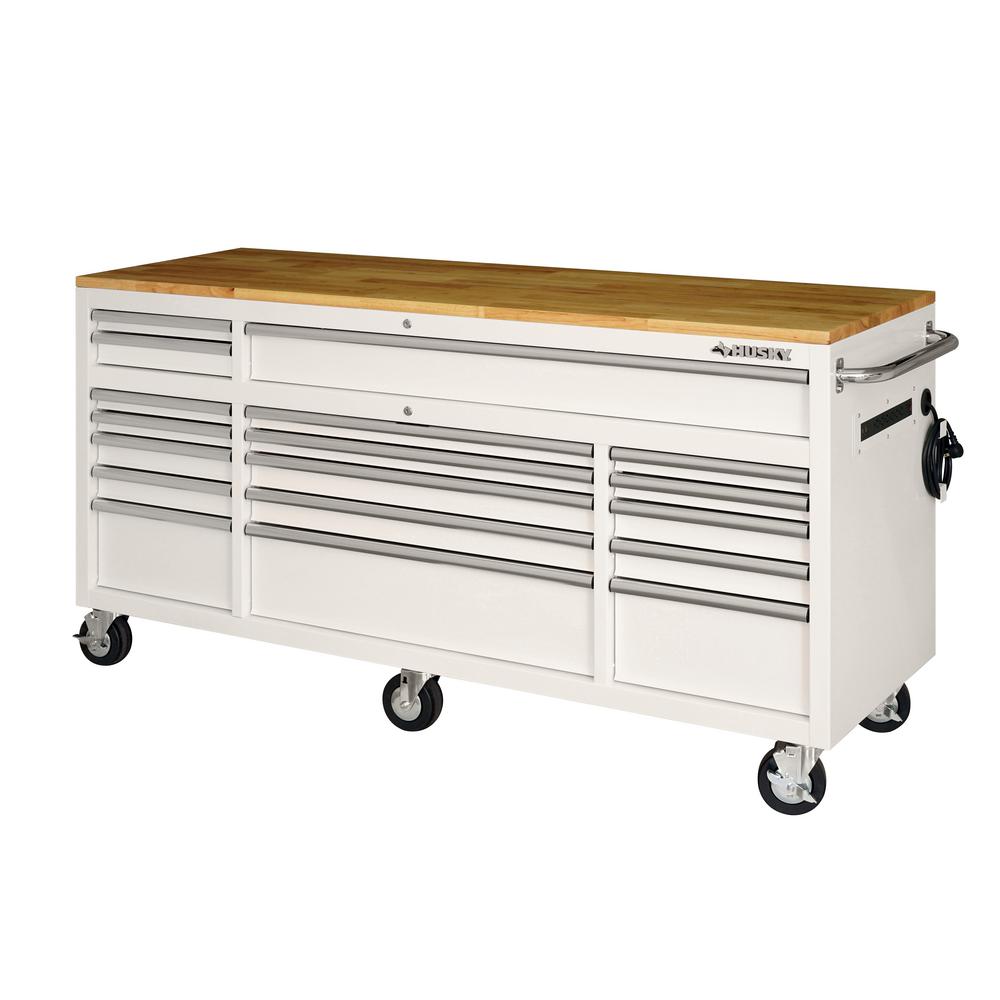 72 in. 18-Drawer Mobile Workbench with Solid Wood Top, Black