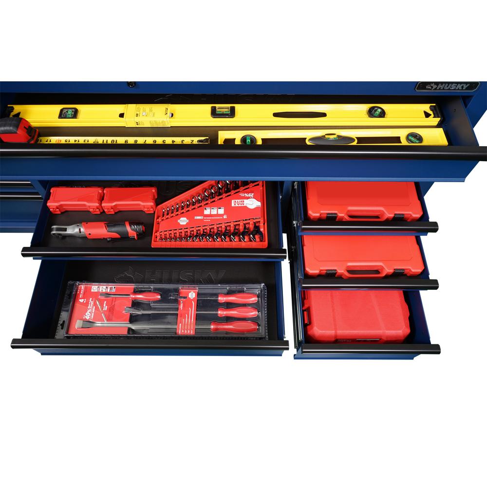 72 in. 18-Drawer Mobile Workbench with Adjustable-Height Solid Wood Top in Matte Blue