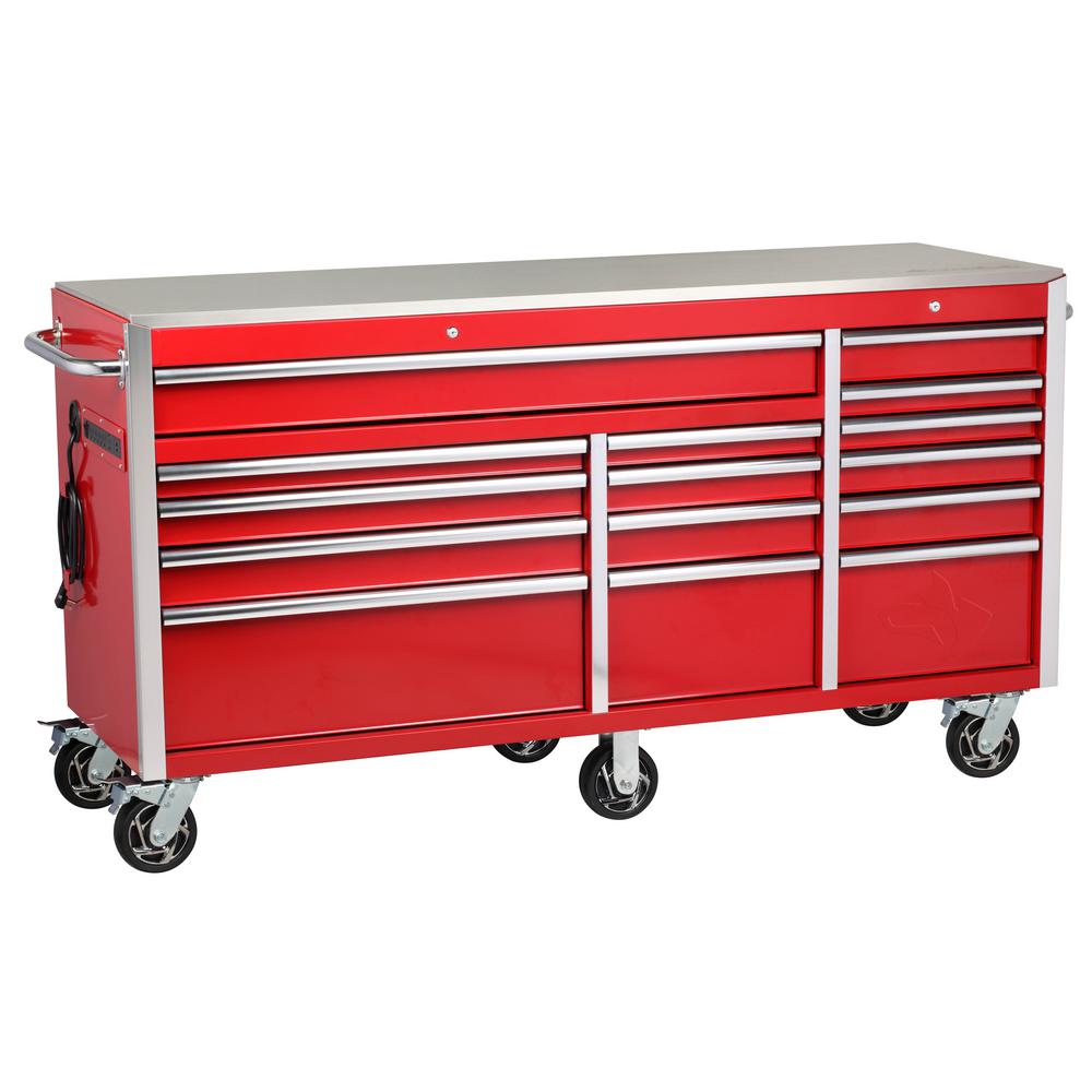 Heavy-Duty 72 in. W x 24 in. D 15-Drawer Tool Chest Mobile Workbench with Stainless Steel Top and Dual Locks in Red