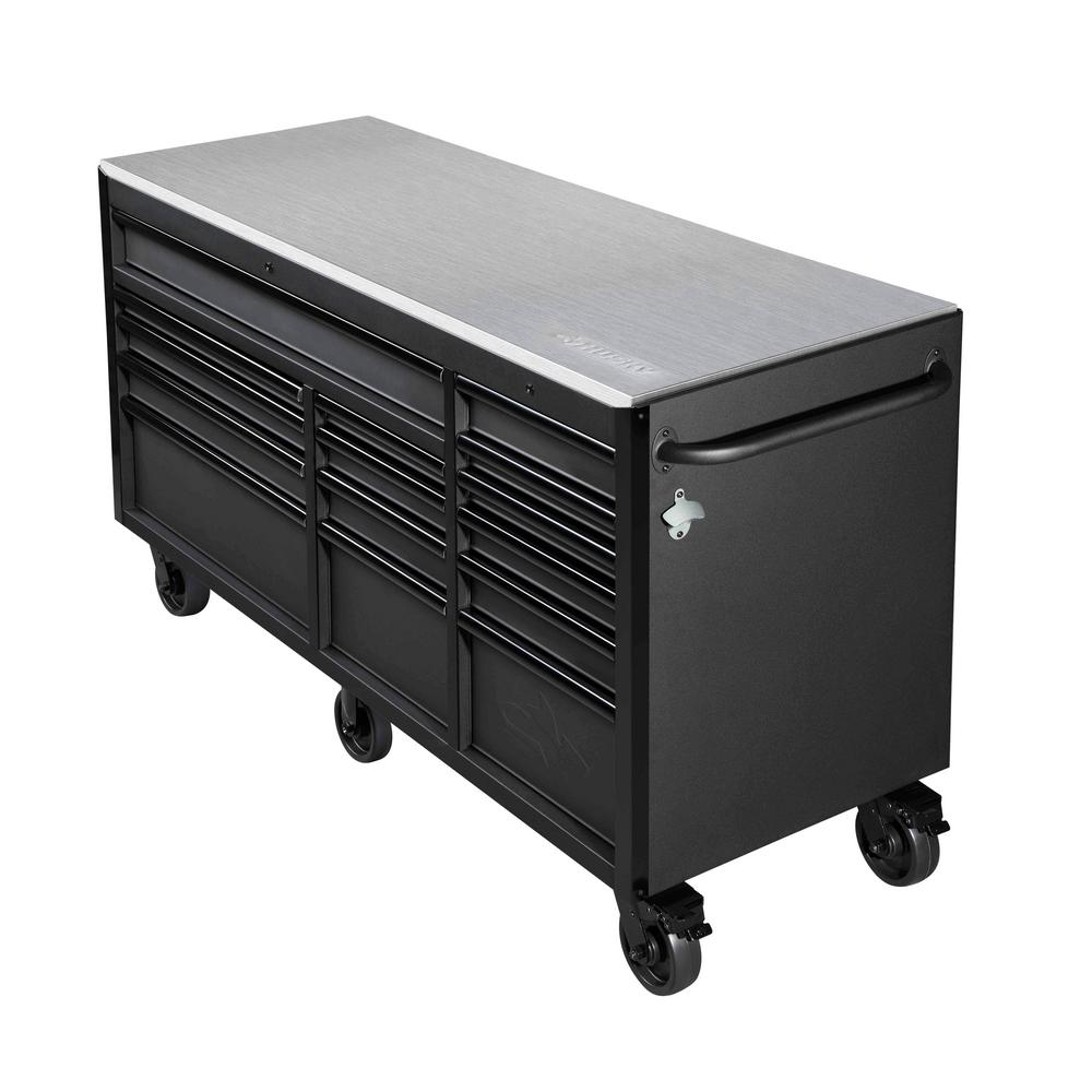 Heavy-Duty 72 in. W 15-Drawer, Deep Tool Chest Mobile Workbench in Matte Black with Stainless Steel Top and Dual Locks