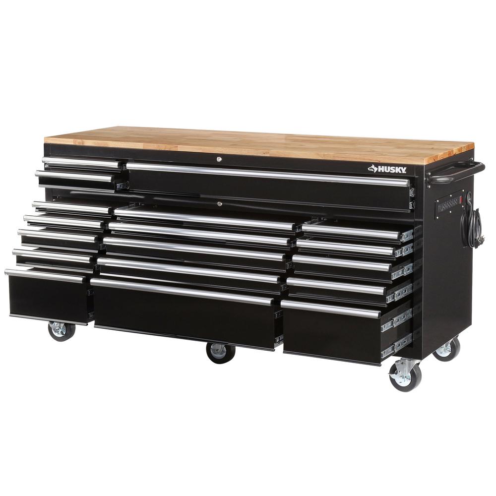 72 in. W 18-Drawer, Deep Tool Chest Mobile Workbench in Gloss Black with Hardwood Top