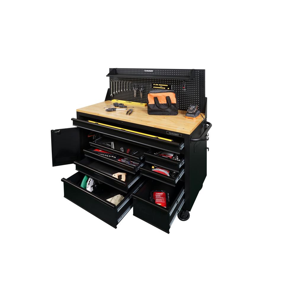 Heavy-Duty 61 in. W 10-Drawer 1-Door, Deep Tool Chest Mobile Workbench in Matte Black w/ Hardwood Top, Pegboard & Shelf