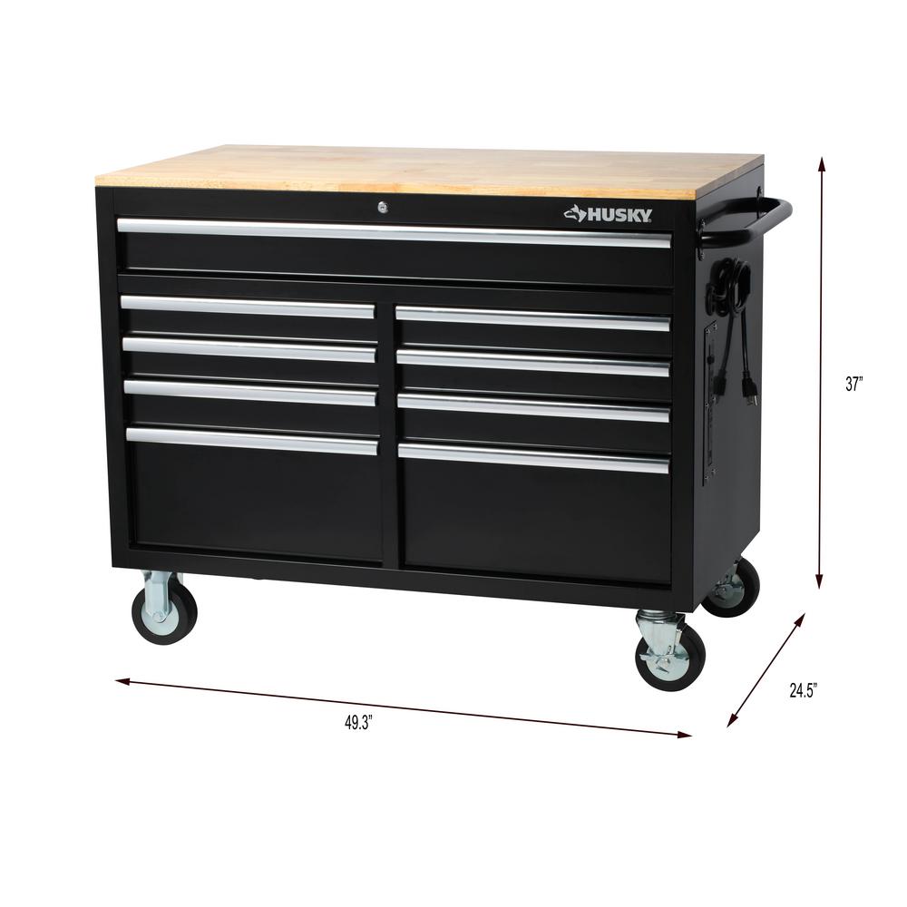 46 in. W 9-Drawer, Deep Tool Chest Mobile Workbench in Gloss Black with Hardwood Top