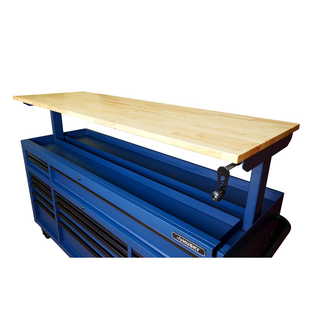 72 in. 18-Drawer Mobile Workbench with Adjustable-Height Solid Wood Top in Matte Blue