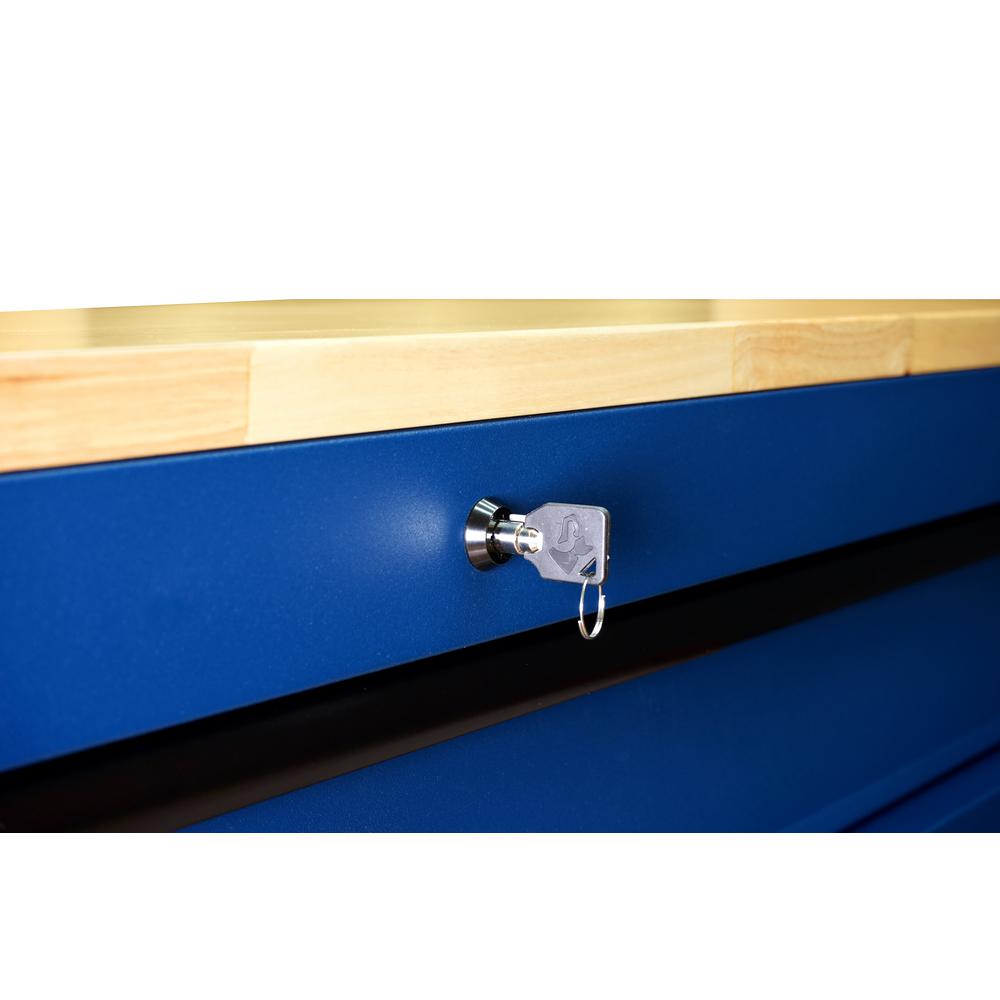 72 in. 18-Drawer Mobile Workbench with Adjustable-Height Solid Wood Top in Matte Blue