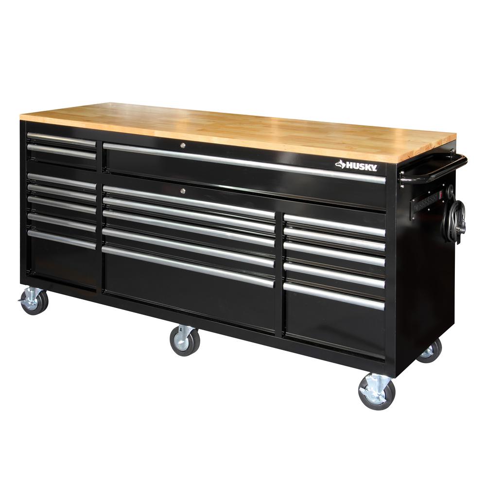 Heavy-Duty 72 in. W 18-Drawer, Deep Tool Chest Mobile Workbench in Matte Black with Adjustable-Height Hardwood Top