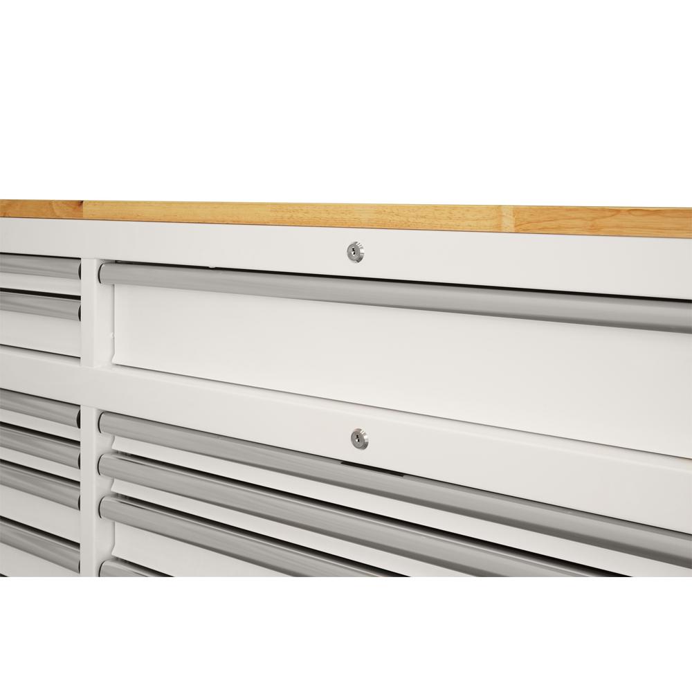 72 in. 18-Drawer Mobile Workbench with Solid Wood Top in Gloss White