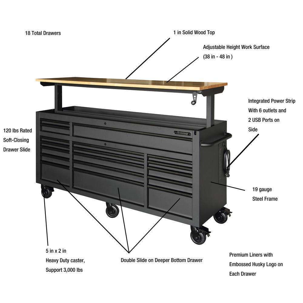 Heavy-Duty 72 in. W 18-Drawer, Deep Tool Chest Mobile Workbench in Matte Black with Adjustable-Height Hardwood Top