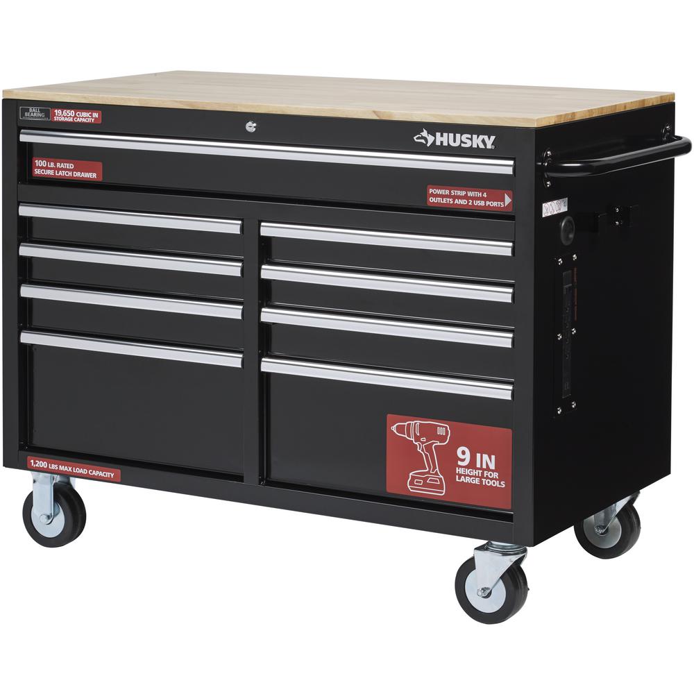 46 in. W 9-Drawer, Deep Tool Chest Mobile Workbench in Gloss Black with Hardwood Top