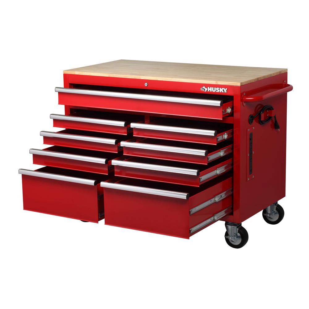 46 in. W 9-Drawer, Deep Tool Chest Mobile Workbench in Gloss Red with Hardwood Top
