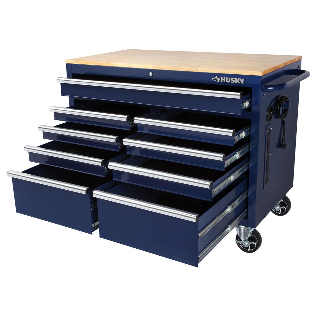 46 in. W 9-Drawer, Deep Tool Chest Mobile Workbench in Gloss Blue with Hardwood Top