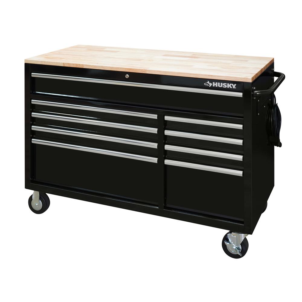 Heavy-Duty 52 in. 9-Drawer Mobile Workbench with Adjustable-Height Solid Wood Top in Matte Blue