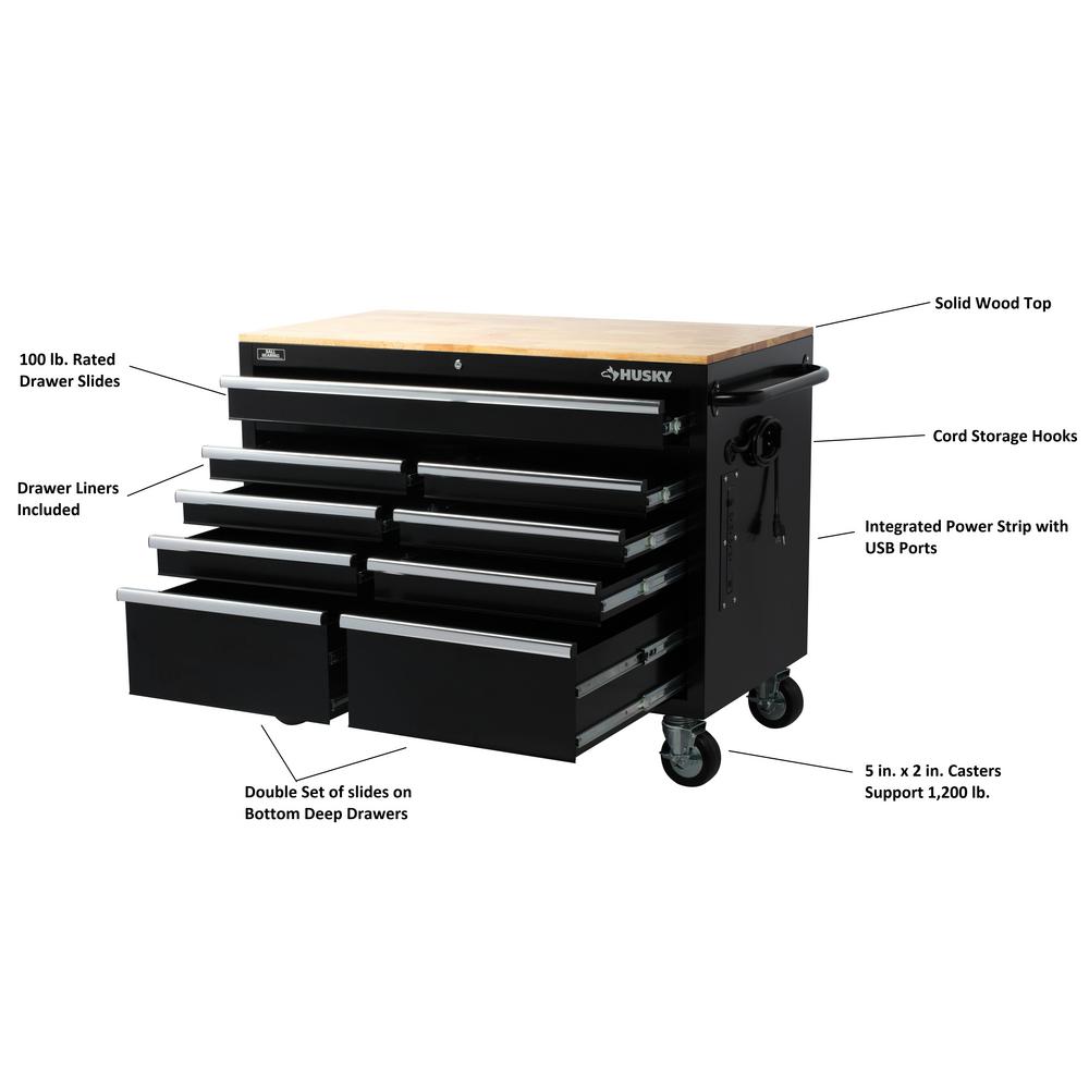 46 in. W 9-Drawer, Deep Tool Chest Mobile Workbench in Gloss Black with Hardwood Top