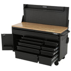 Heavy-Duty 61 in. W 10-Drawer 1-Door, Deep Tool Chest Mobile Workbench in Matte Black w/ Hardwood Top, Pegboard & Shelf