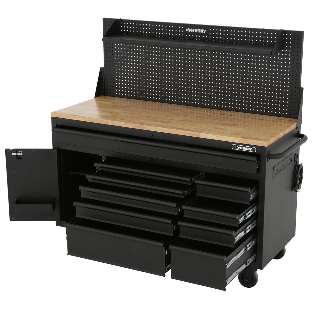 Heavy-Duty 61 in. W 10-Drawer 1-Door, Deep Tool Chest Mobile Workbench in Matte Black w/ Hardwood Top, Pegboard & Shelf
