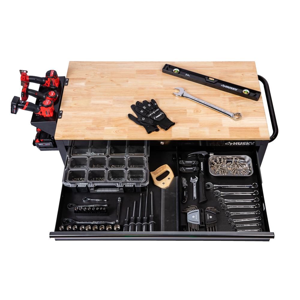 46 in. W 9-Drawer, Deep Tool Chest Mobile Workbench in Gloss Black with Hardwood Top