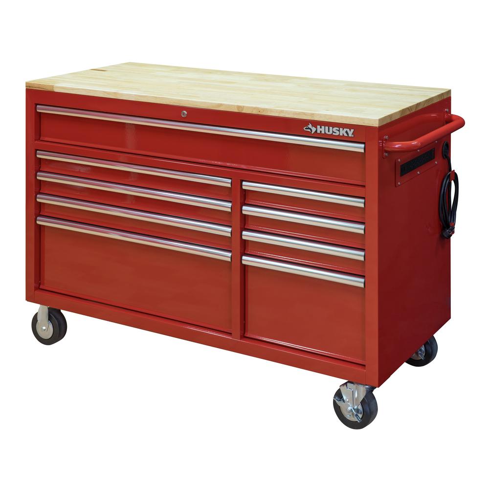 Heavy-Duty 52 in. 9-Drawer Mobile Workbench with Adjustable-Height Solid Wood Top in Matte Blue