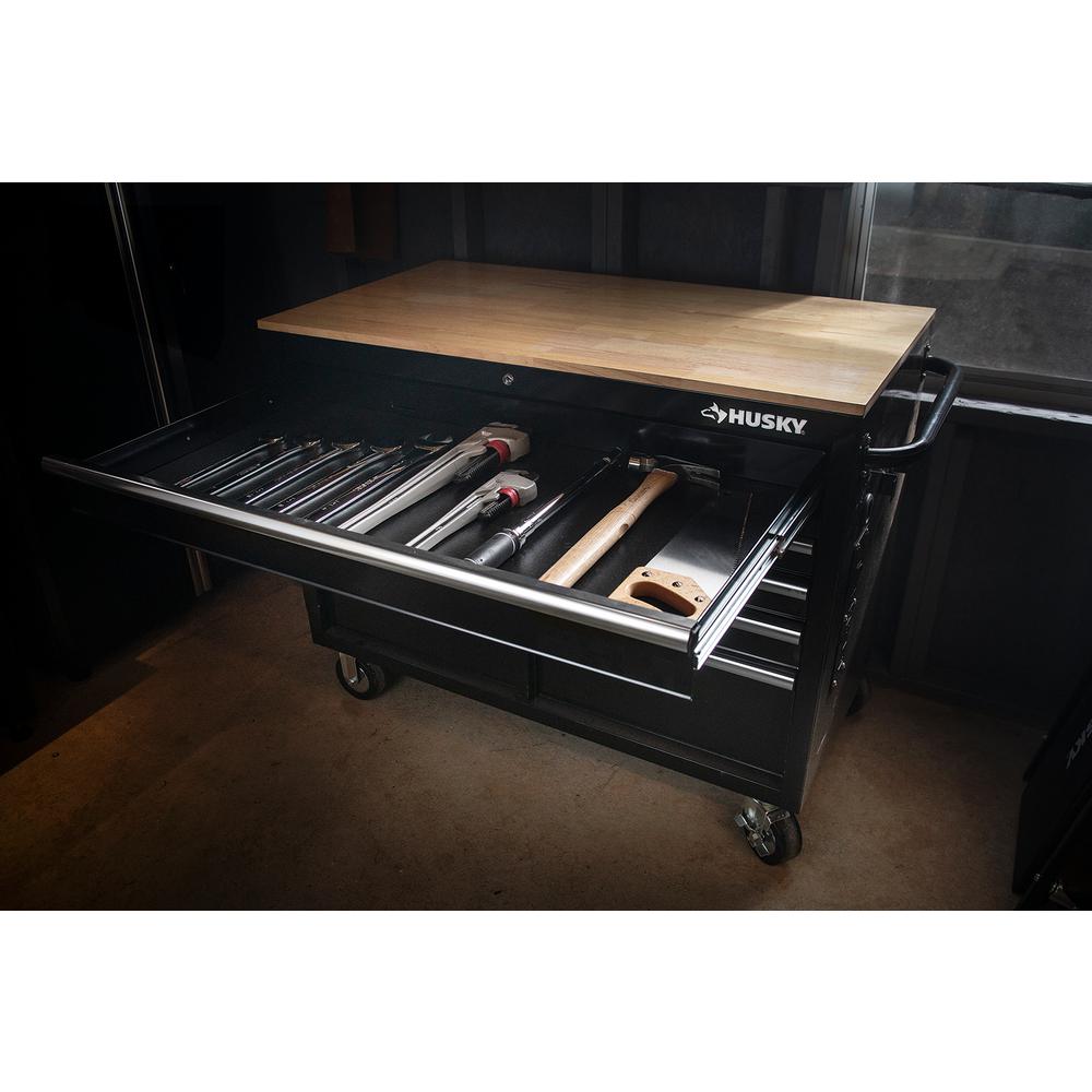 46 in. W 9-Drawer, Deep Tool Chest Mobile Workbench in Gloss Black with Hardwood Top