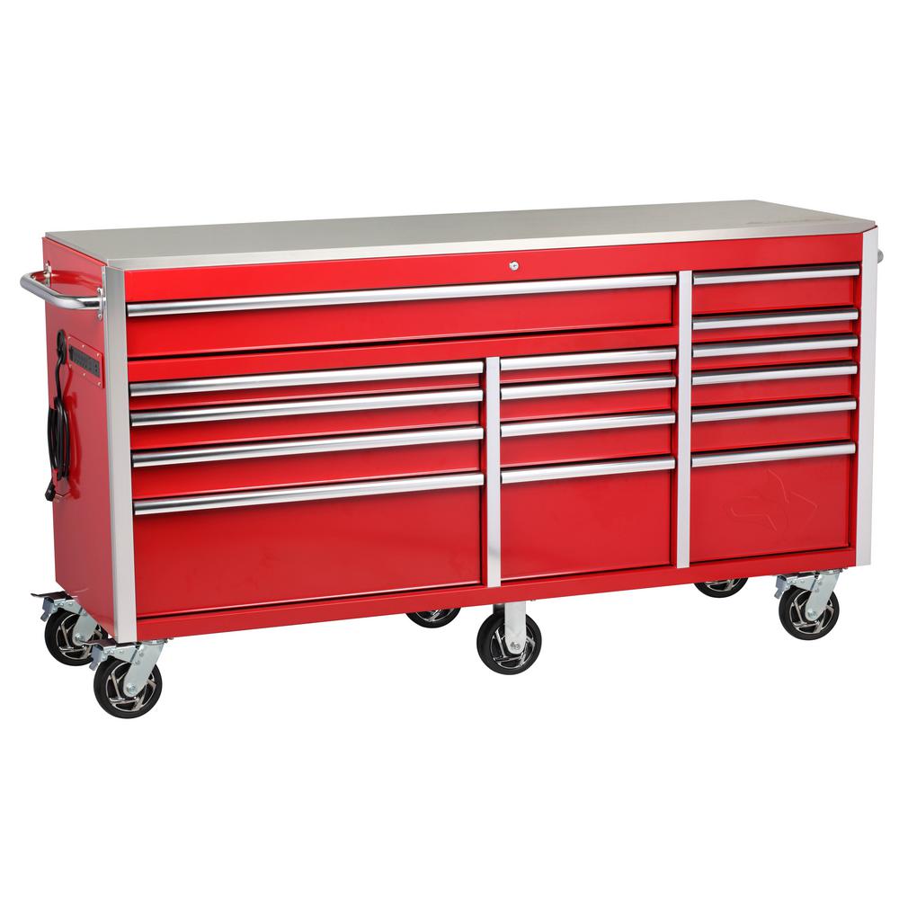 Heavy-Duty 72 in. W 15-Drawer, Deep Tool Chest Mobile Workbench in Gloss Red with Stainless Steel Top