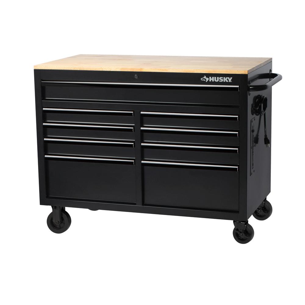 46 in. W 9-Drawer, Deep Tool Chest Mobile Workbench in Gloss Blue with Hardwood Top