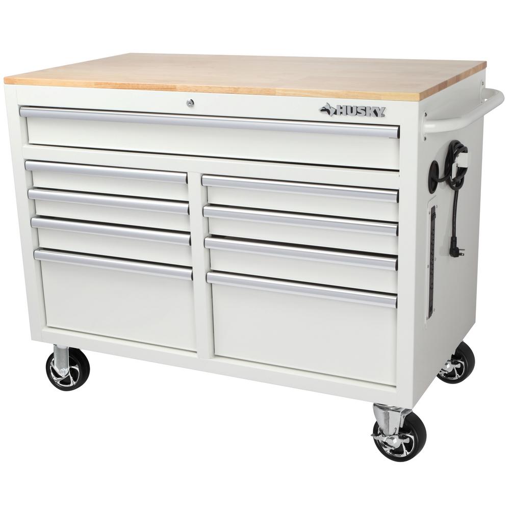 46 in. W 9-Drawer, Deep Tool Chest Mobile Workbench in Gloss Blue with Hardwood Top