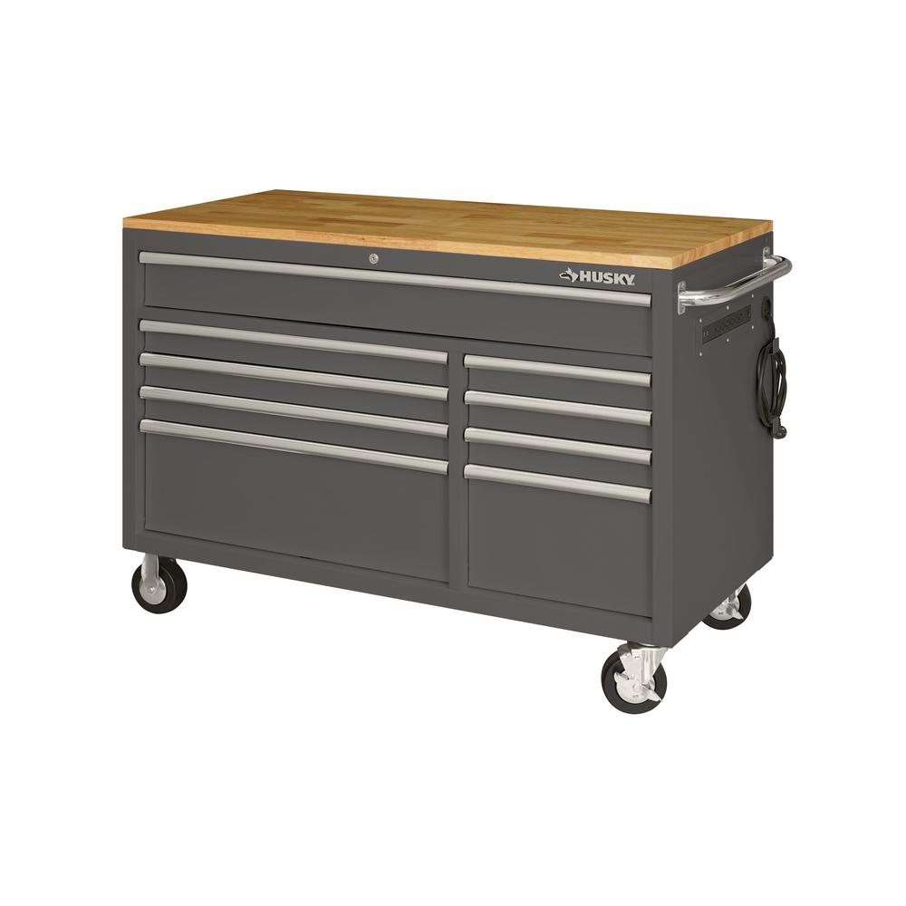 Heavy-Duty 52 in. W 9-Drawer, Deep Tool Chest Mobile Workbench in Matte Black with Adjustable-Height Hardwood Top