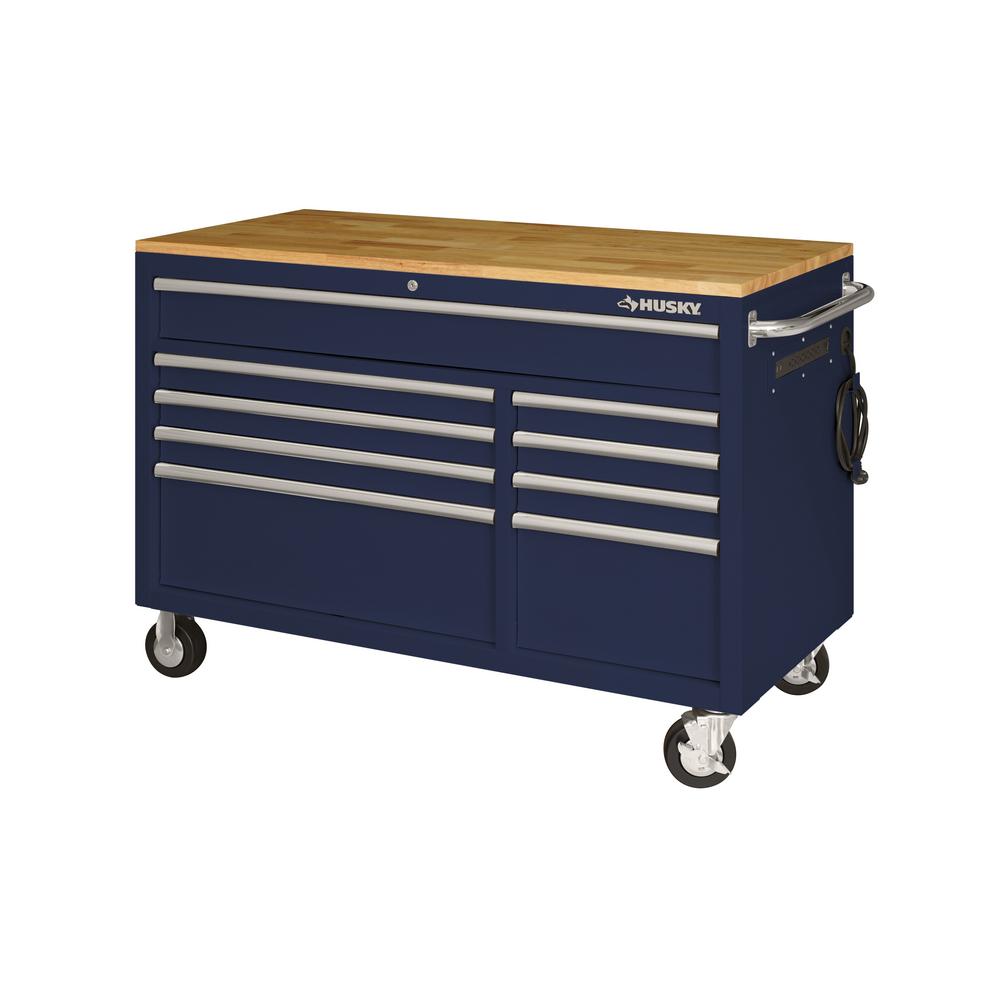 Heavy-Duty 52 in. 9-Drawer Mobile Workbench with Adjustable-Height Solid Wood Top in Matte Blue
