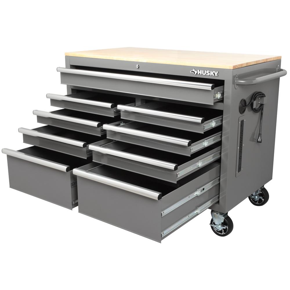 46 in. W 9-Drawer, Deep Tool Chest Mobile Workbench in Gloss Gray with Hardwood Top