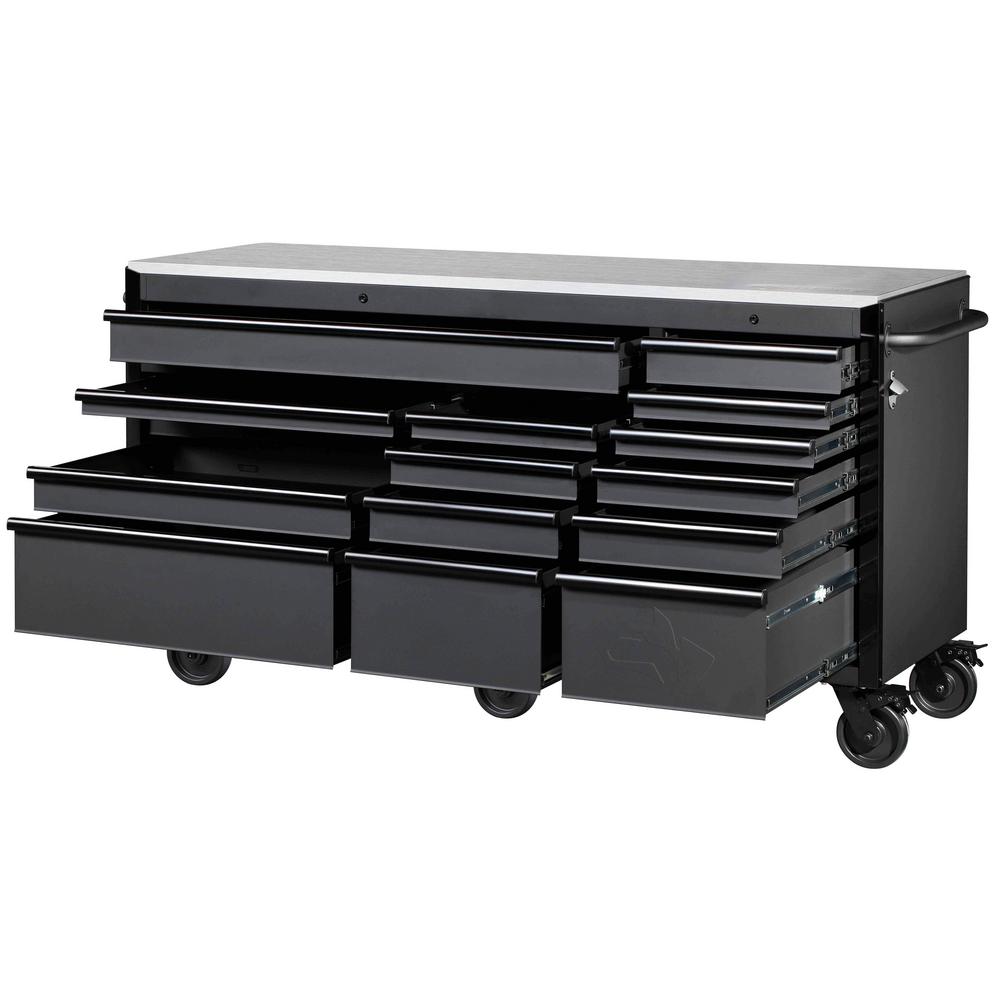 Heavy-Duty 72 in. W 15-Drawer, Deep Tool Chest Mobile Workbench in Matte Black with Stainless Steel Top and Dual Locks