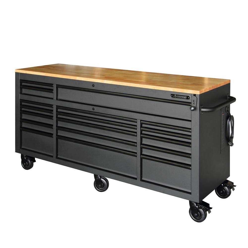 72 in. 18-Drawer Mobile Workbench with Solid Wood Top, Black