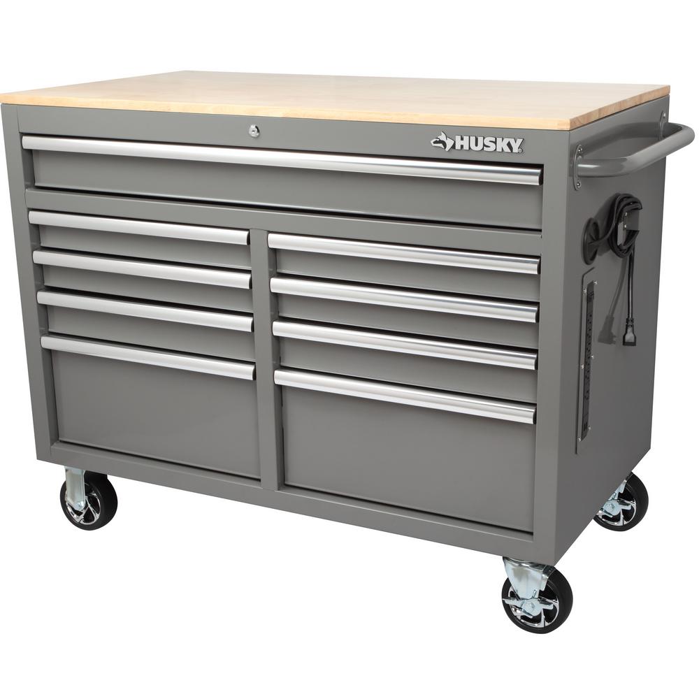 46 in. W 9-Drawer, Deep Tool Chest Mobile Workbench in Gloss Red with Hardwood Top