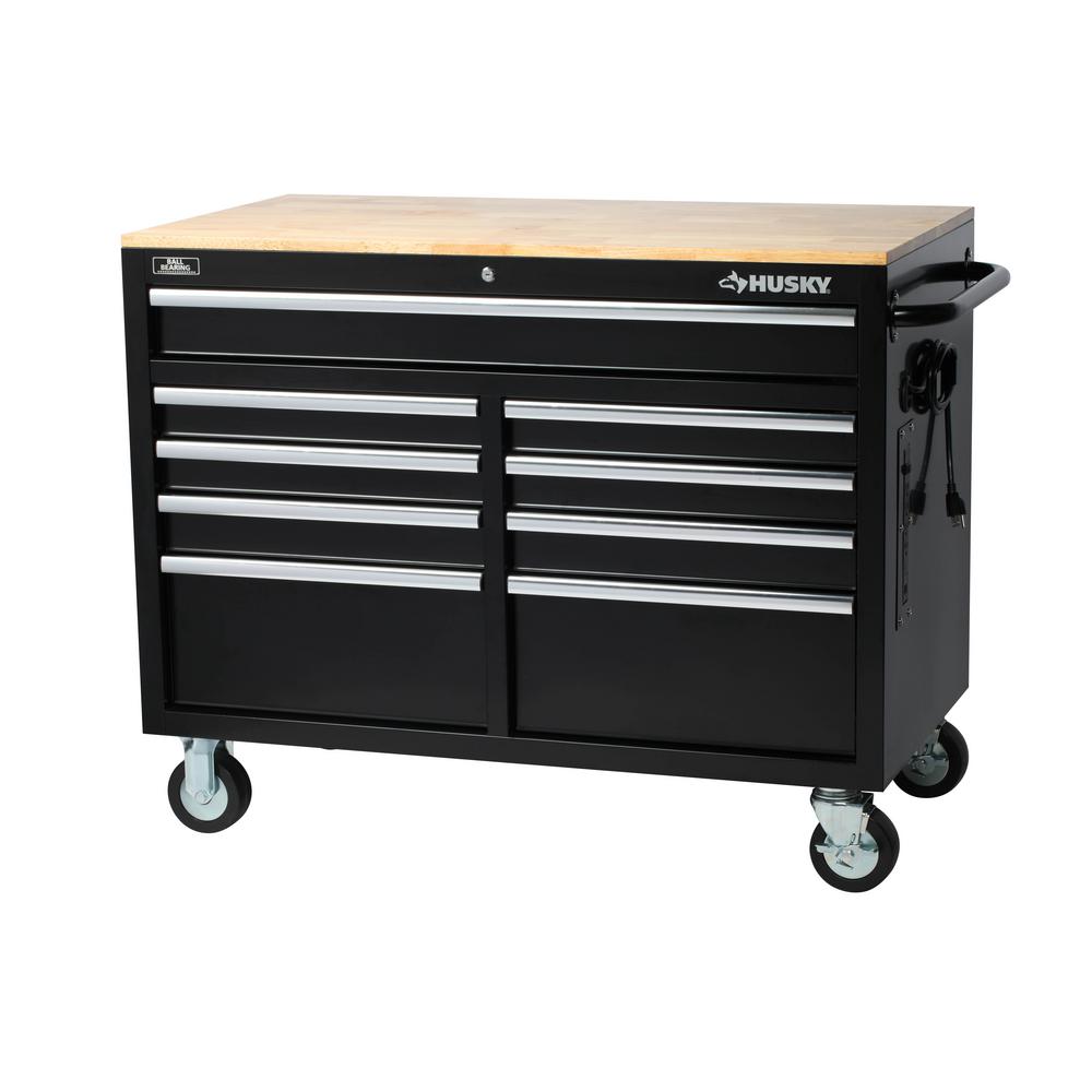 46 in. W 9-Drawer, Deep Tool Chest Mobile Workbench in Gloss Red with Hardwood Top