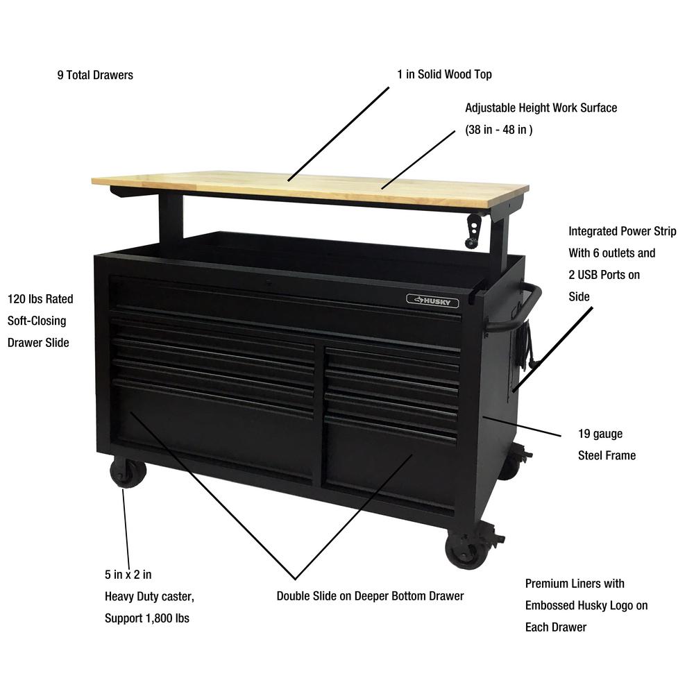 Heavy-Duty 52 in. W 9-Drawer, Deep Tool Chest Mobile Workbench in Matte Black with Adjustable-Height Hardwood Top