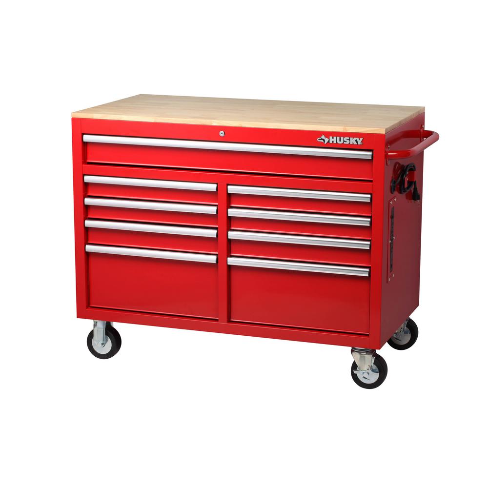 46 in. W 9-Drawer, Deep Tool Chest Mobile Workbench in Gloss Blue with Hardwood Top