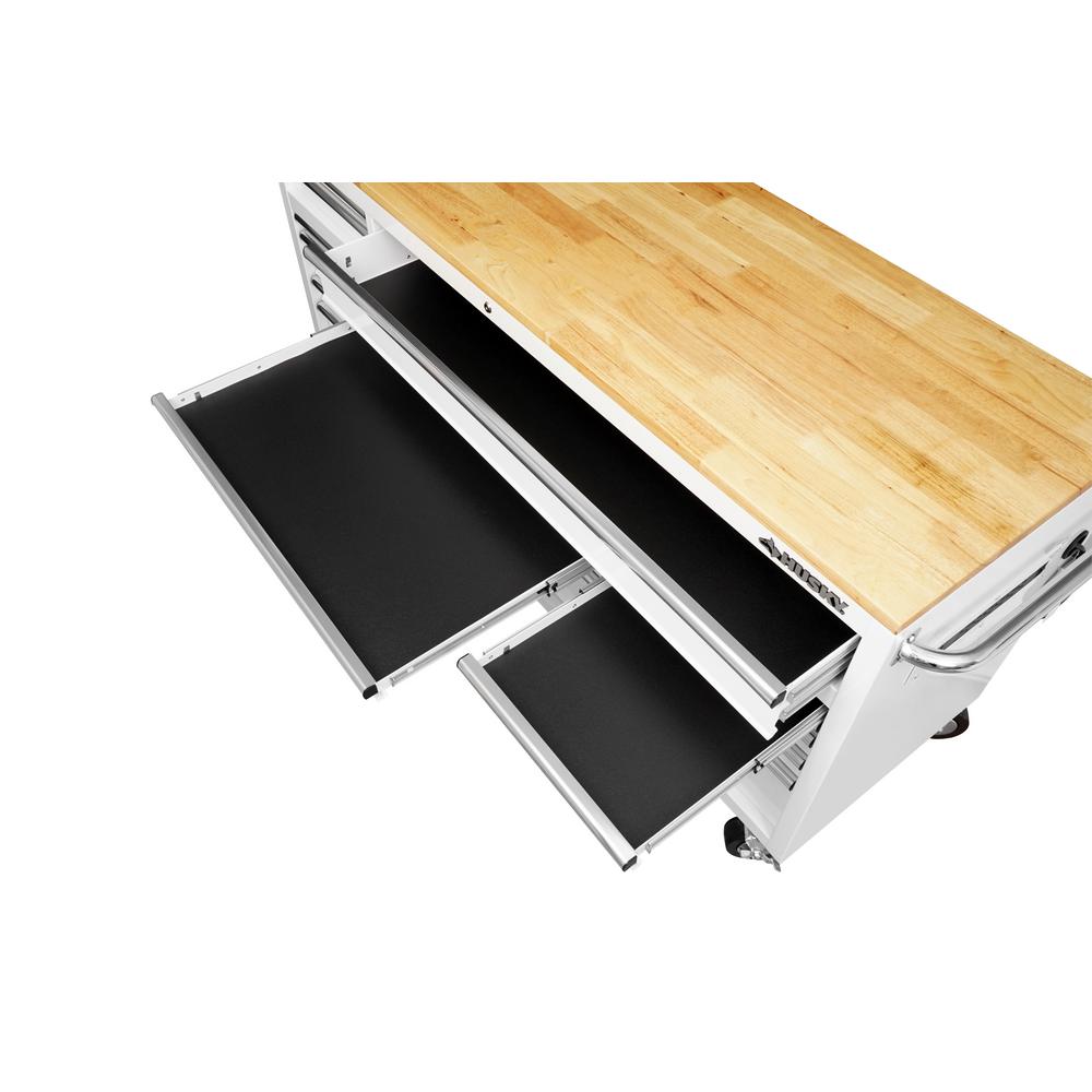 72 in. 18-Drawer Mobile Workbench with Solid Wood Top in Gloss White