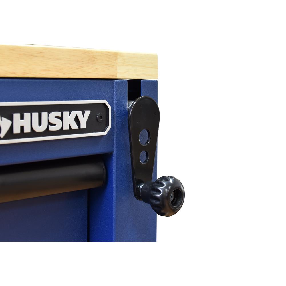 72 in. 18-Drawer Mobile Workbench with Adjustable-Height Solid Wood Top in Matte Blue