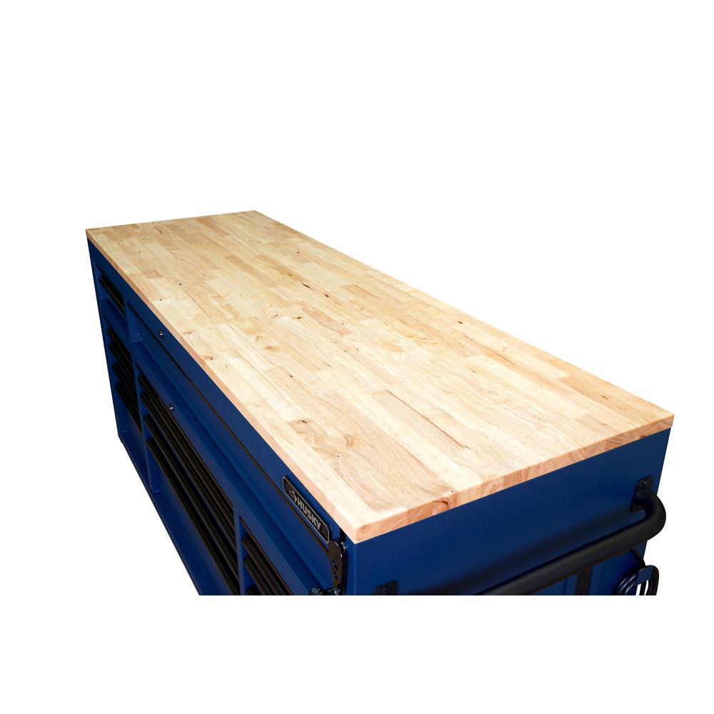 72 in. 18-Drawer Mobile Workbench with Adjustable-Height Solid Wood Top in Matte Blue