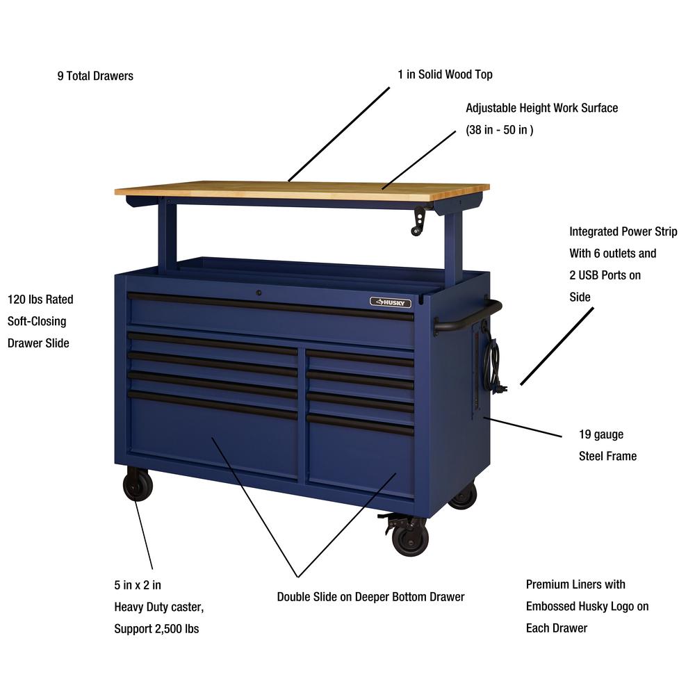 Heavy-Duty 52 in. 9-Drawer Mobile Workbench with Adjustable-Height Solid Wood Top in Matte Blue