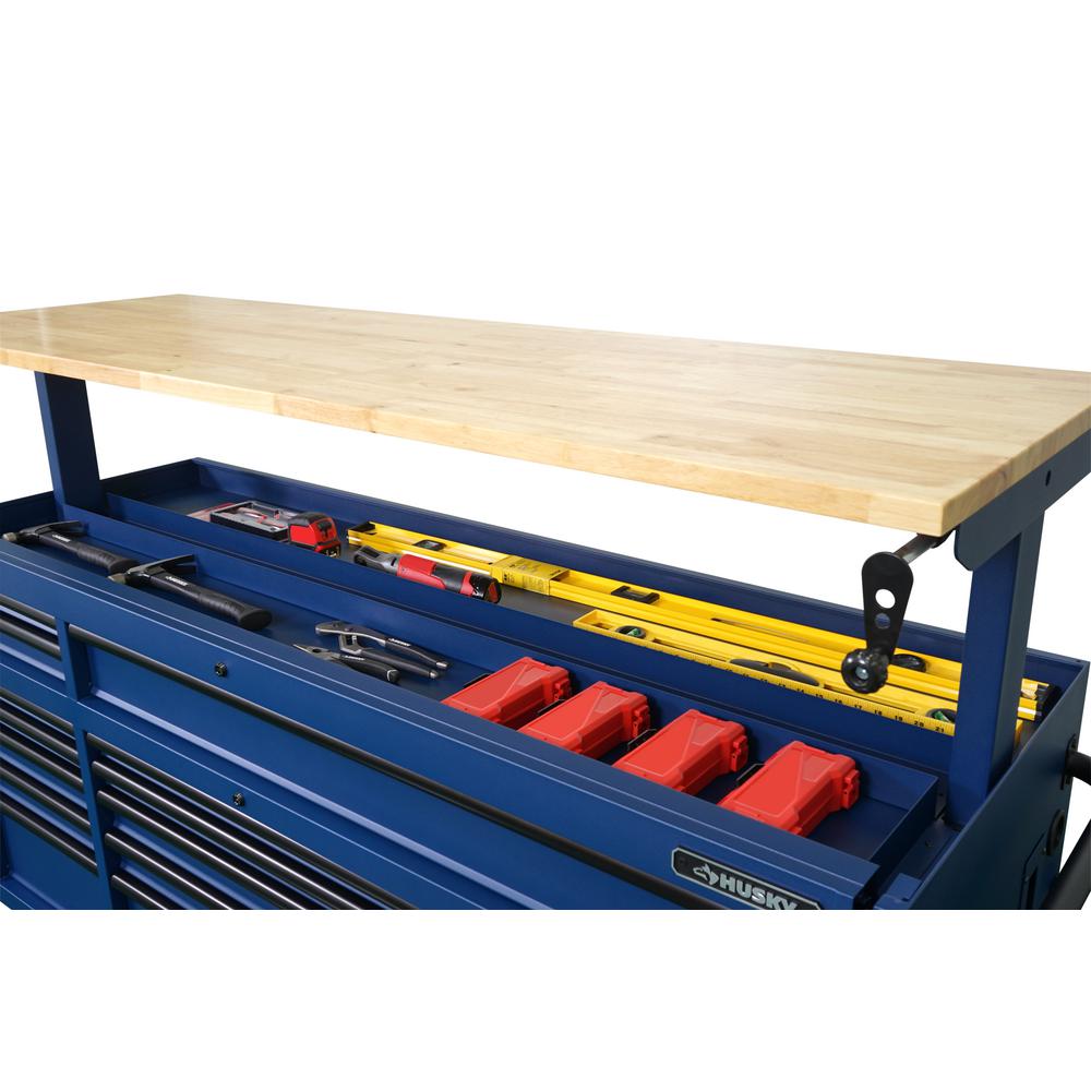 72 in. 18-Drawer Mobile Workbench with Adjustable-Height Solid Wood Top in Matte Blue