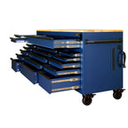72 in. 18-Drawer Mobile Workbench with Adjustable-Height Solid Wood Top in Matte Blue
