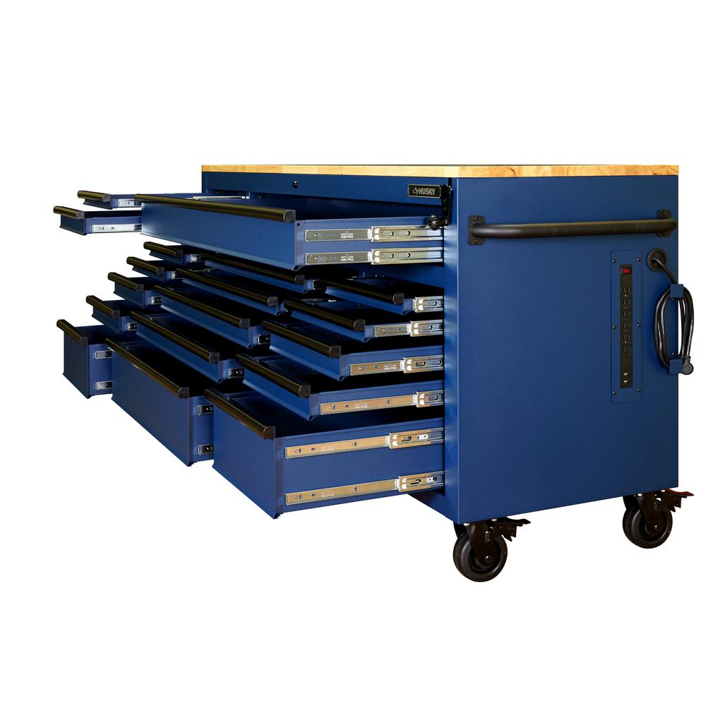 72 in. 18-Drawer Mobile Workbench with Adjustable-Height Solid Wood Top in Matte Blue