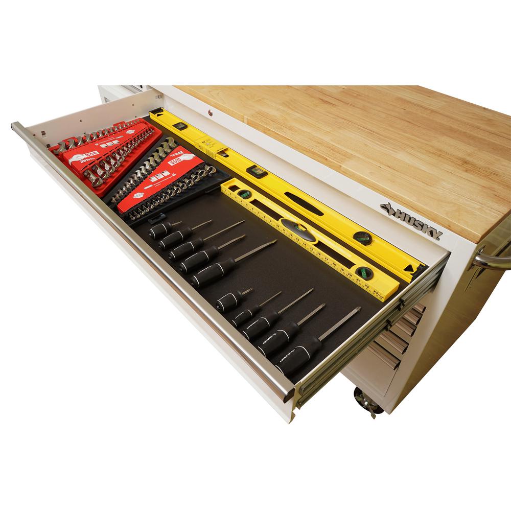 72 in. 18-Drawer Mobile Workbench with Solid Wood Top in Gloss White