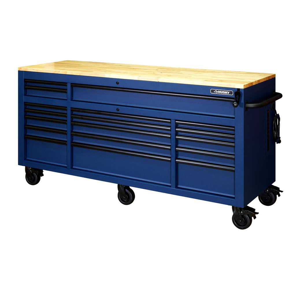 72 in. 18-Drawer Mobile Workbench with Solid Wood Top, Black