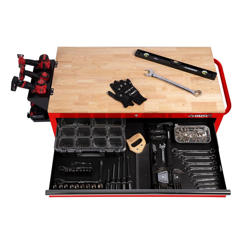 46 in. W 9-Drawer, Deep Tool Chest Mobile Workbench in Gloss Red with Hardwood Top
