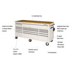 72 in. 18-Drawer Mobile Workbench with Solid Wood Top in Gloss White